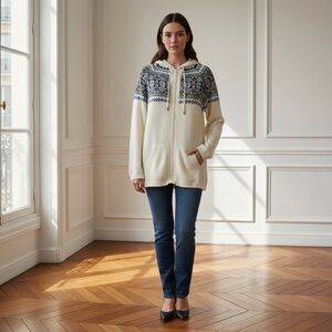 Alpaca World Handmade Cream Blue Fair Isle Patterned Zip-Up Hoodie Size XL